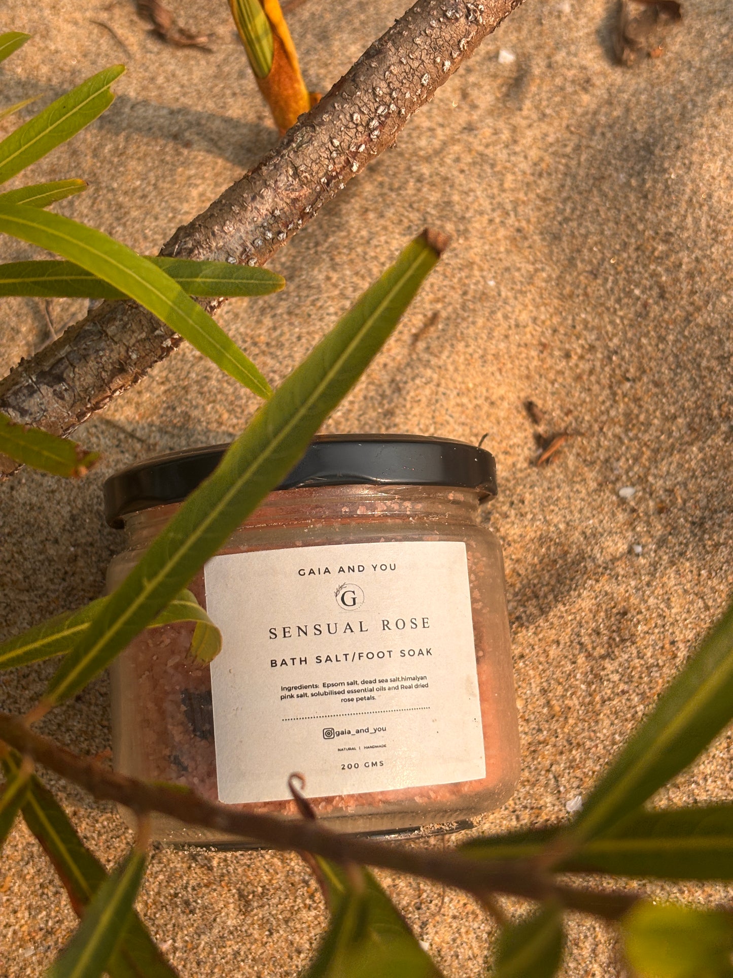 Picture of a bottle of bath salt made with Rose and other essential oils and Himalayan Pink Salt by Gaia and You.