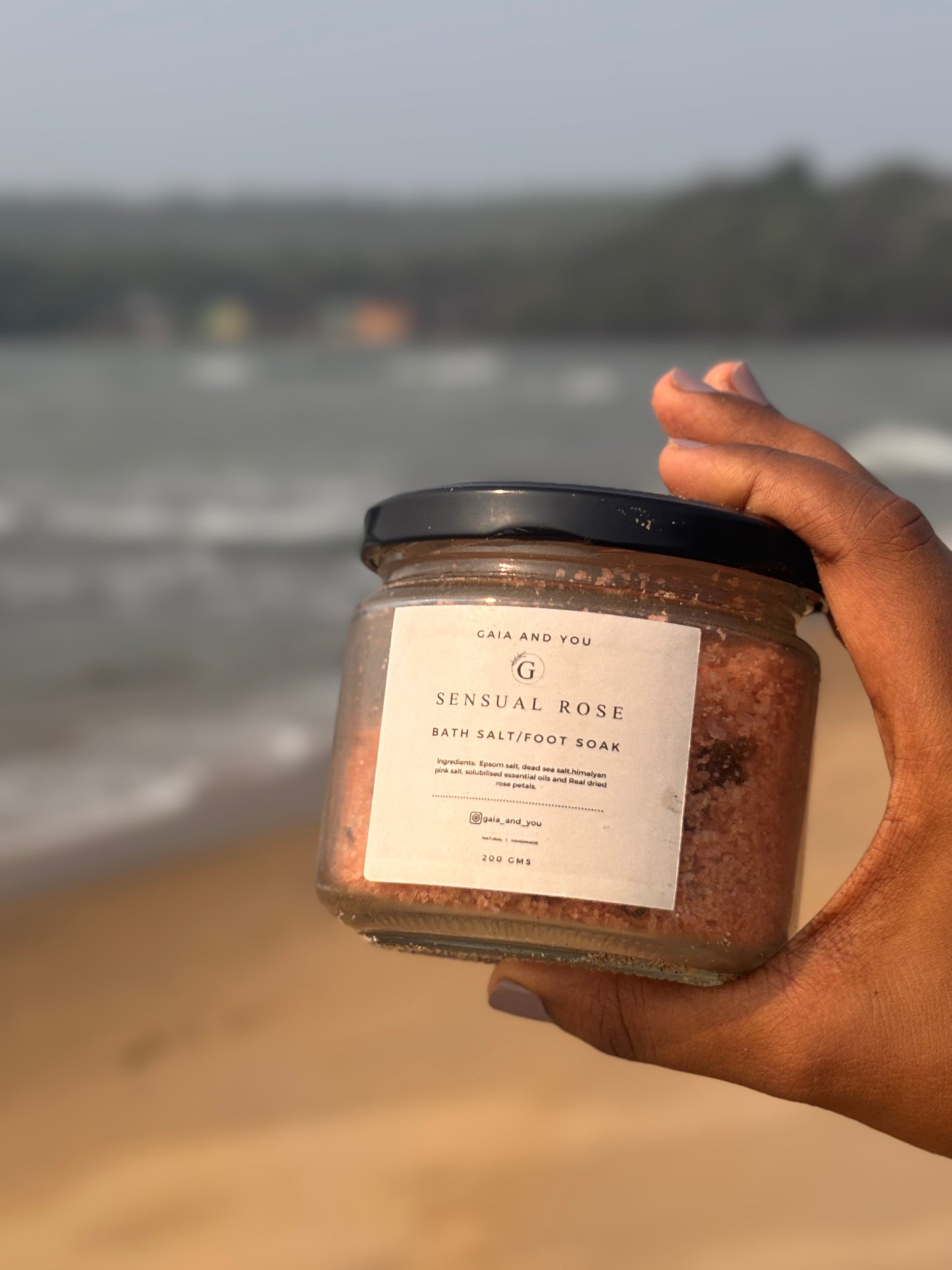 Picture of a bottle of bath salt made with Rose and other essential oils and Himalayan Pink Salt by Gaia and You.