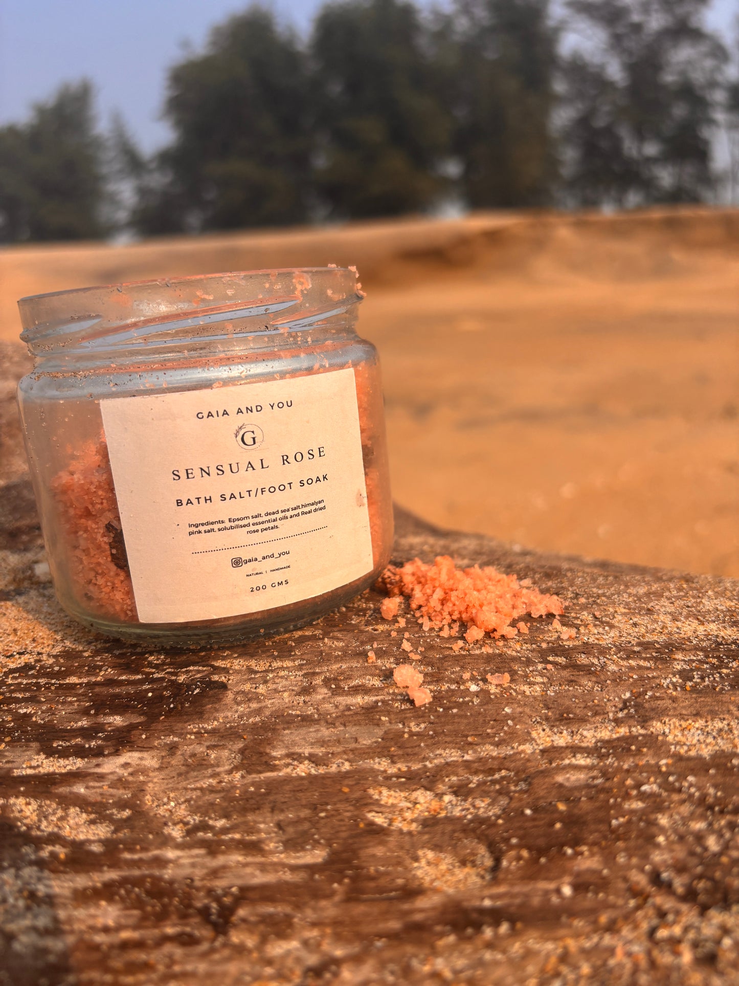 Picture of a bottle of bath salt made with Rose and other essential oils and Himalayan Pink Salt by Gaia and You.