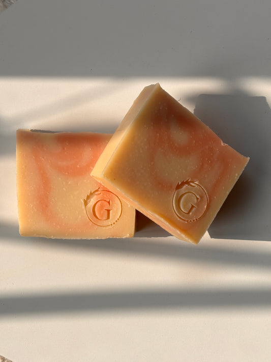 Handmade cold processed soap made of chamomile infused rice bran oil and Shea nut butter made by Gaia and You