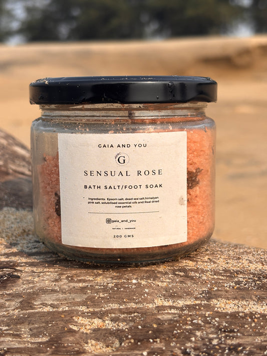 Picture of a bottle of bath salt made with Rose and other essential oils and Himalayan Pink Salt by Gaia and You. 