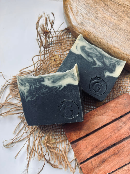 Handmade cold processed soap made of activated charcoal and essential oils by Gaia and You